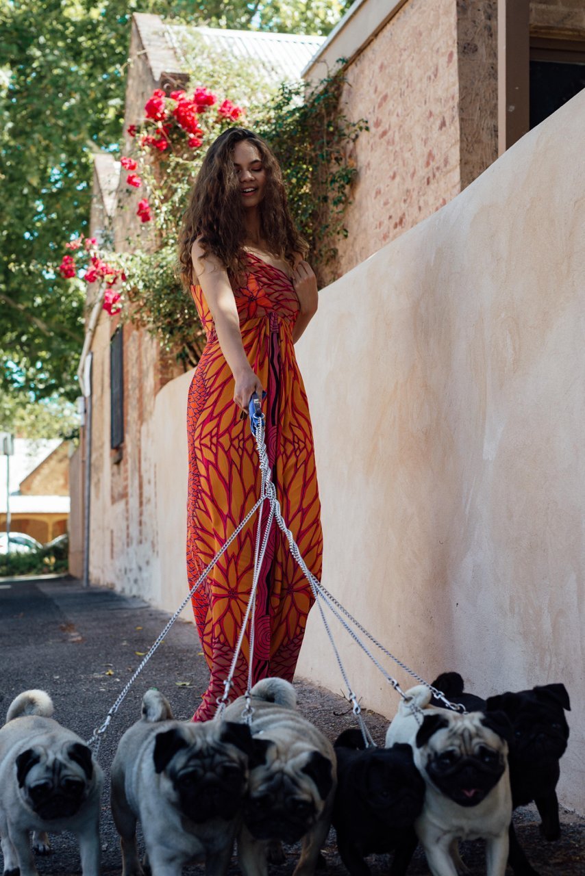 Chirriger dress modelled by Keana, Year of the dog shoot with pugs