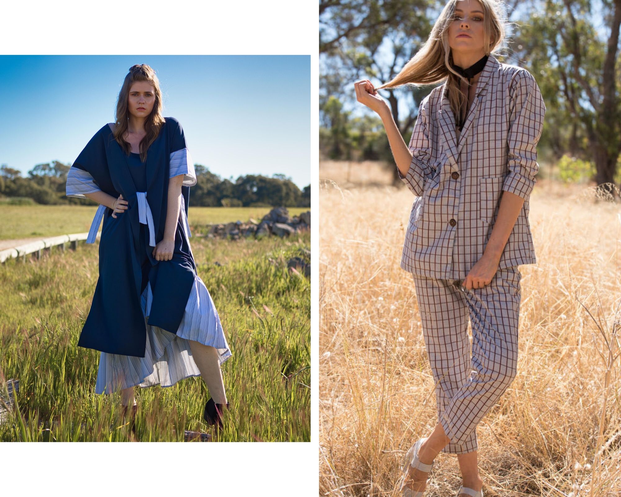 Blue Kimono and check suit, two of D-Tribe designs range of day wear