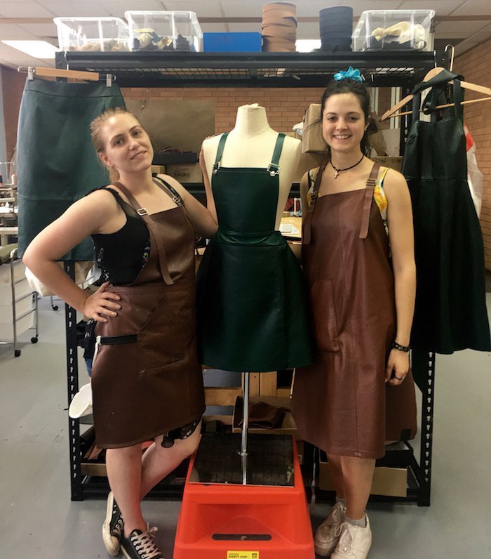 Jordan Mackenzie & Elena Asikas TAFE SA graduates working at Karmine Leather