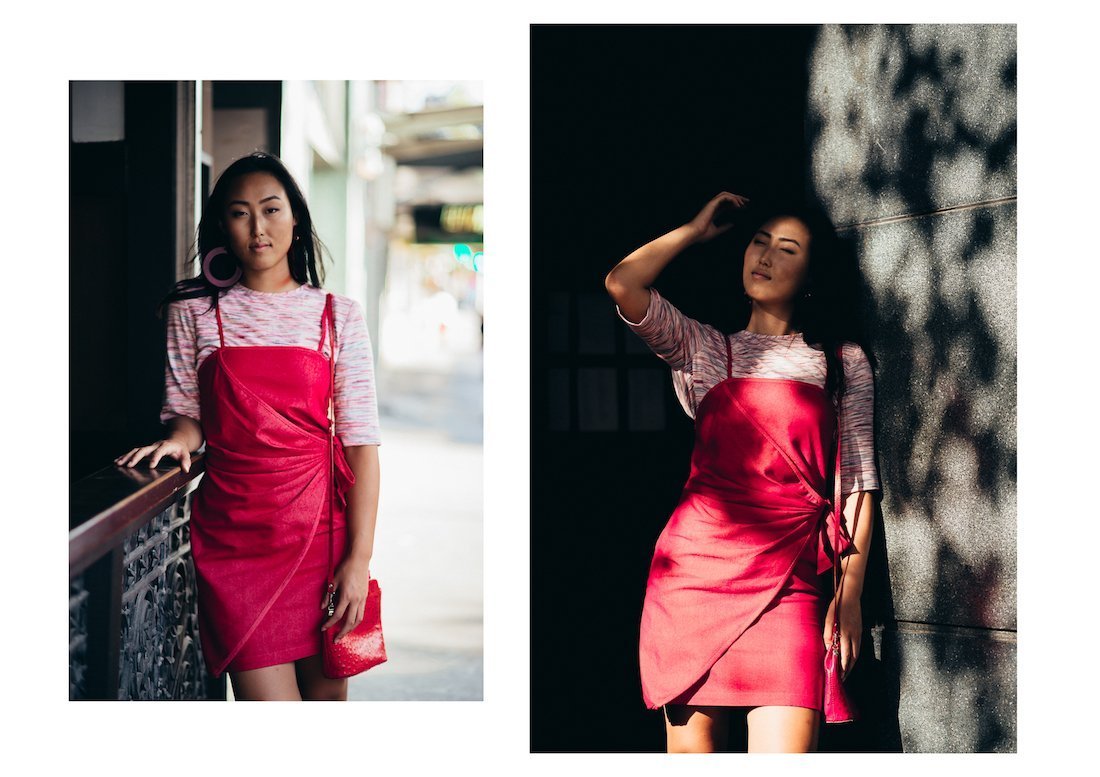 Julia Noh modelling red denim dress & tee by Leah Williams