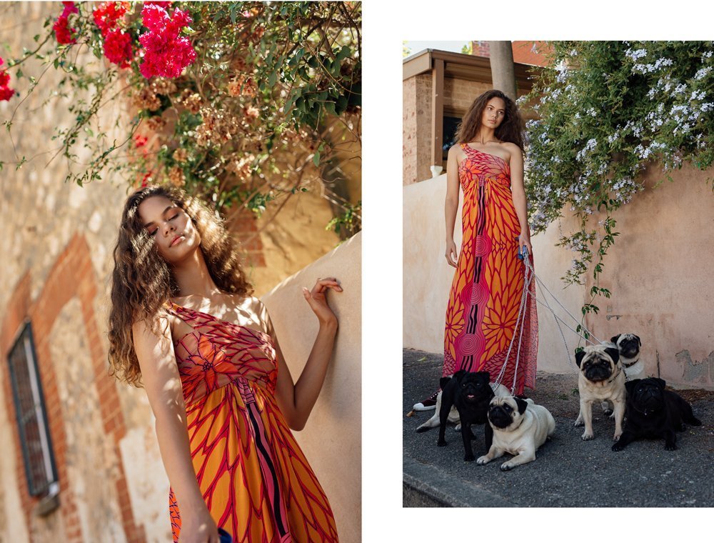 Keana and 6 pugs model from Red Opium's Chirriger Collection to welcome in the Year of the Dog